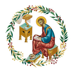 Fototapeta premium Apostle Luke. Decorative vintage floral wreath, illustration in Byzantine style isolated