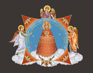 Fototapeta premium Addition of the Mind. The Blessed Virgin Mary and Jesus Christ. Illustration in Byzantine style with angels and seraphim