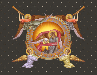 Fototapeta premium Decorative round vintage illustration with angels in Byzantine style