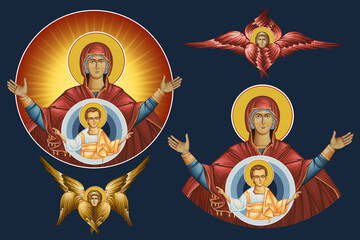 Fototapeta premium Blessed Virgin Mary and Jesus Christ. Illustration - fresco set in Byzantine style
