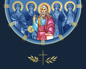 Fototapeta premium Jeremiah weeping prophet and four cardinal points (Archangel Gabriel, Uriel, Raphael and Michael). Illustration in Byzantine style isolated