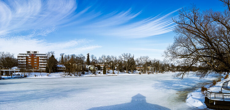 Panorama View of Lake Victoria from the RT Orr Dam, Stratford, Ontario, Canada during the winter, with the lake frozen.