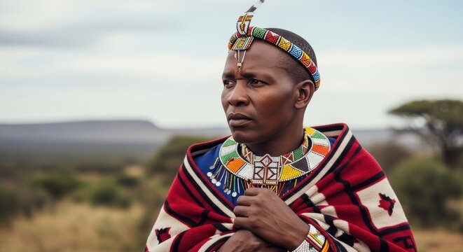 South African Xhosa man in traditional Umbhaco attire with black embroidery, thoughtful and dignified expression, half-body portrait