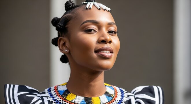South African Xhosa woman in traditional beaded Umwalo attire and Bantu knots, serene three-quarter pose, calm and happy expression