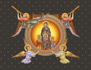 Fototapeta premium Holy Martyrs Faith, Hope, Love and their mother Sophia. Decorative vintage illustration with angels in Byzantine style
