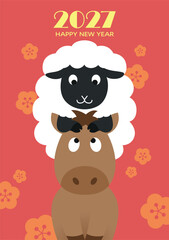 Fototapeta premium Past Year of the Horse and New Year of the Sheep celebration for 2027. Cute cartoon zodiac horse and sheep together.