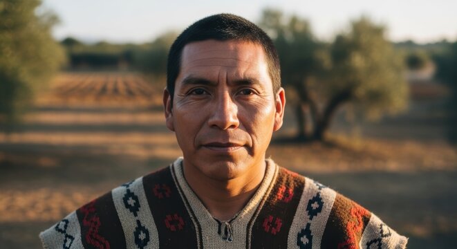 Portrait of Aztec Nahua man, direct and calm gaze, Mexico, wearing traditional wool Quechquemitl with geometric patterns