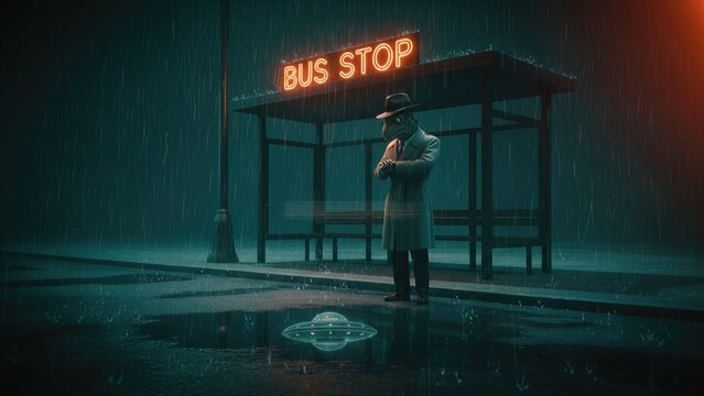 Alien in trench coat and hat standing at bus stop in the rain. Reflective ufo on ground. Cinematic science fiction scene with noir atmosphere. Mysterious extraterrestrial visitor concept.