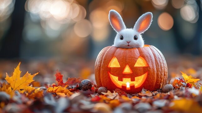 Fluffy White Bunny Peeks from a Glowing JackoLantern on a Bed of Autumn Leaves.