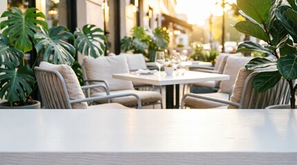 Fototapeta premium Outdoor Café Seating with Green Plants and White Furniture for Lifestyle Design