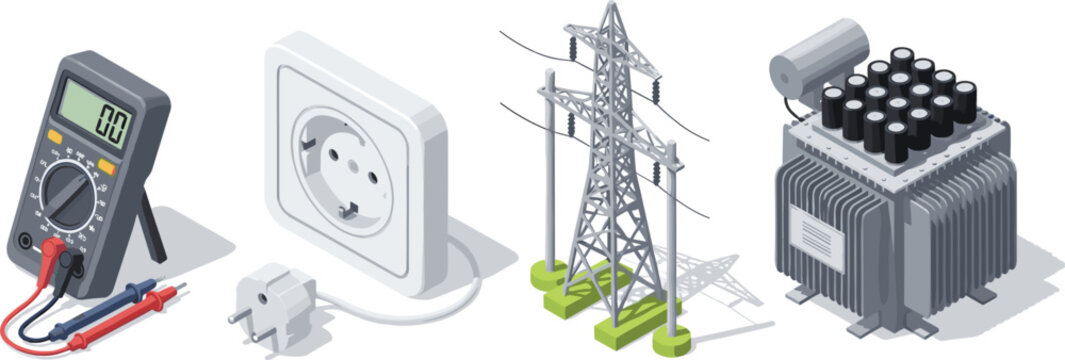 Electrical Infrastructure and Testing Tool Vector Set Featuring Digital Multimeter Power Outlet High Voltage Tower and Transformer for Engineering and Repair Designs