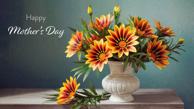 Happy Mother's Day Concept. Gazania Treasure Flowers in a White Ceramic Vase on a Wooden Table
