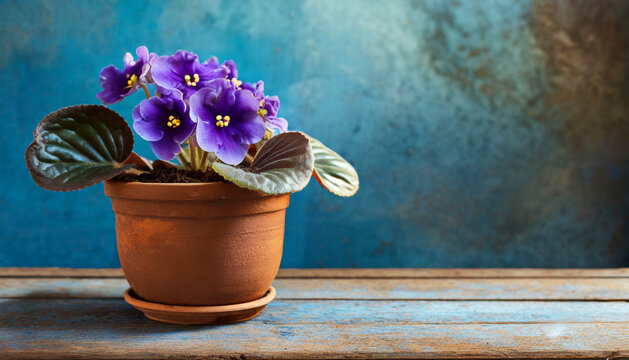 Potted African Violet (Saintpaulia) with Purple Flowers on a Rustic Blue Wooden Table