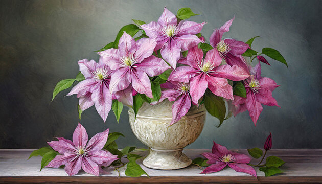 Vibrant purple clematis flowers in a classic fluted ceramic vase