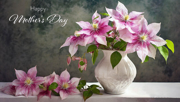 Happy Mothers Day card with bouquet of pink clematis flowers in vase