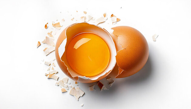 Cracked brown egg with raw yolk and white isolated on white background