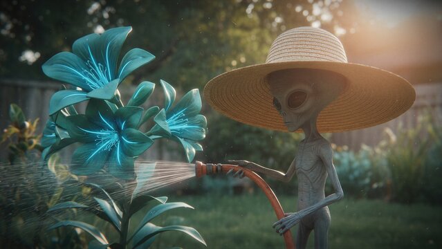 Alien gardener wearing straw hat watering glowing flowers in garden. Extraterrestrial living on Earth hobby. Sci-fi concept of space visitor farming blue plant in summer sunlight.