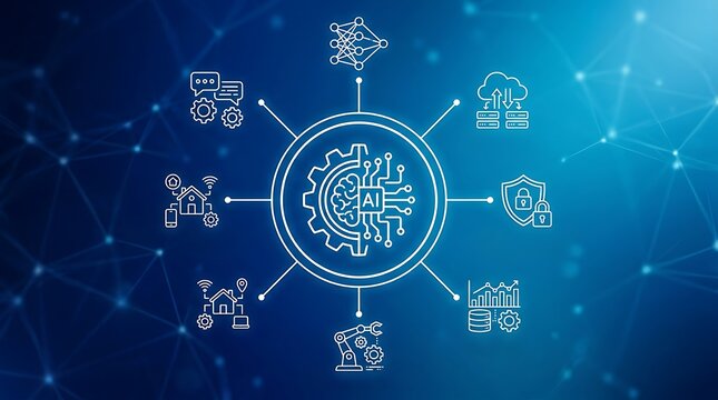A stylized digital illustration showcasing interconnected sectors like AI logistics finance and manufacturing. Perfect for tech business and innovation presentations or marketing materials.