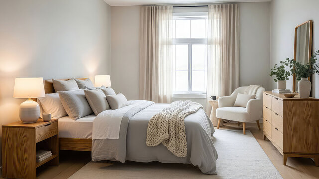 A serene and inviting bedroom with a comfortable bed and modern furniture