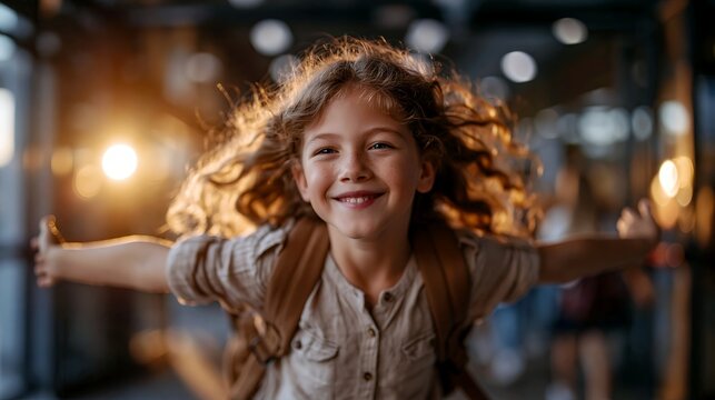 Happy child running out of school in warm sunlight with summer break excitement