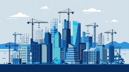 Obraz premium A vibrant illustration of a futuristic cityscape featuring skyscrapers under construction cranes and a bright blue sky ideal for business real estate and urban development marketing materials.