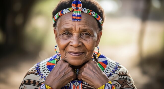 Elderly Zulu woman, KwaZulu-Natal South Africa, warm and affectionate, traditional blanket with beaded necklace, close-up portrait