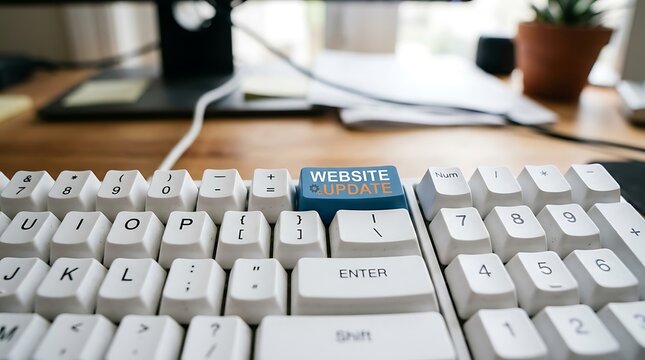 A detailed shot of a white keyboard featuring a blue key labeled website placeholder ideal for web design tech marketing or office workspace concepts. Perfect for digital advertising and business rela