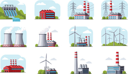 Industrial Power Plant and Energy Infrastructure Vector Set Featuring Solar Panels Wind Turbines Nuclear Stations and Electrical Grid for Sustainable Urban Development © Mdsahidul