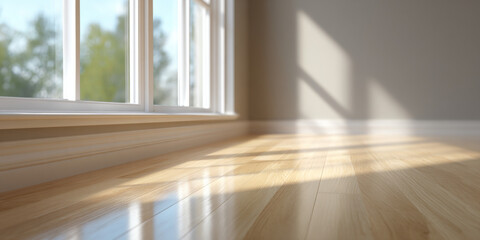 Fototapeta premium Sunlit empty room with wooden floor