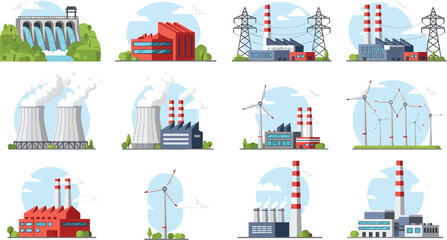 Fototapeta premium Industrial Energy Production Vector Set Featuring Renewable Wind Turbines Hydroelectric Dams Nuclear Power Plants and Electrical Grid Infrastructure for Sustainability Designs