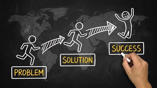 A creative chalkboard illustration depicting a sequential journey from identifying a problem finding a solution to achieving success ideal for business motivational and educational content.