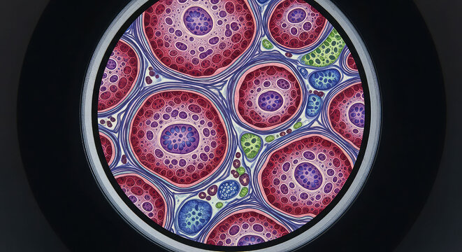 A microscopic view of colorful cells in a petri dish under a microscope