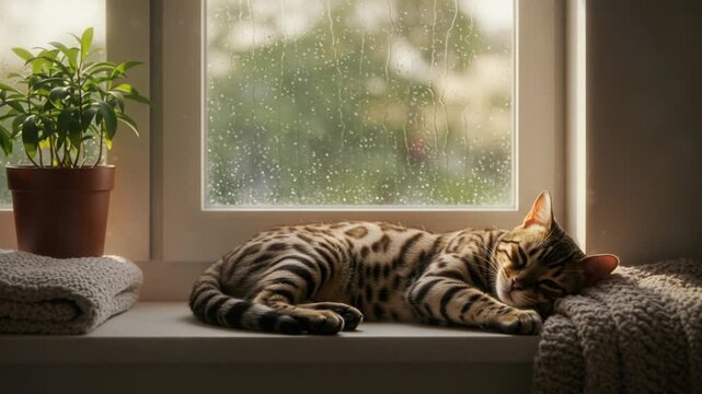 Relaxed Bengal cat sleeping on windowsill during rainy day in cozy home setting