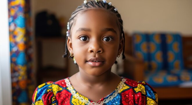 oruba Girl, Nigeria, in Colorful Ankara Buba and Iro Outfit, Indoor Portrait, Curious Expression and Braids with Beads