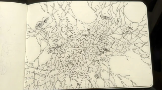 Analyze detailed ink sketch depicting mushrooms and complex mycelium root network