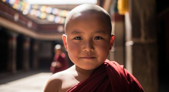 Portrait of a young Tibetan monk, sweet and smiling expression, Tibet, wearing burgundy monastic robes, monastery background with prayer flags