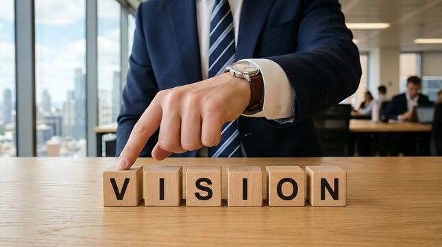 A focused executive in a suit adjusts wooden blocks spelling VISION on a sleek office desk evoking ambition and strategic planning. Ideal for corporate marketing motivational content and business pres