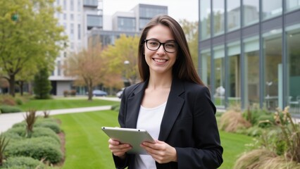 Fototapeta premium Female executive posing with modern tools, suggesting a tech-savvy and productive work environment.