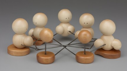 Obraz premium Wooden figures connected with lines on table, network concept, teamwork and communication, business connection.