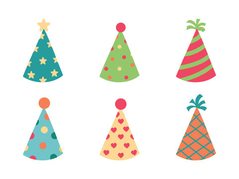  Festive party hat set for birthday, carnival, halloween and christmas. Cute colorful cone caps with pompons and stars for kids events