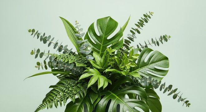 Fresh botanical foliage arrangement featuring large tropical palm fronds combined with slender eucalyptus branches to create a natural green decor element that brings vitality into living spaces