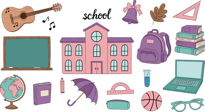 Colorful Back to School Doodle Set with Building Backpack Supplies Music and Education Elements Collection