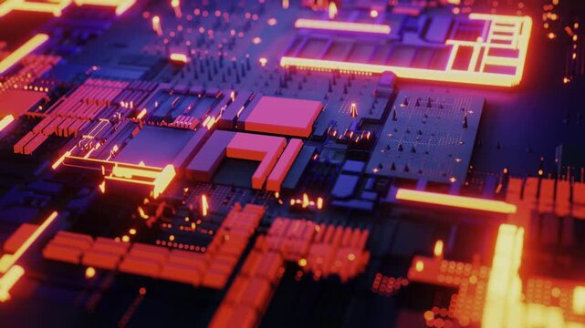 A digital microchip with illuminated elements and a complex structure of electronic components. The animation symbolizes modern computing systems, data flows, and a high-tech environment.