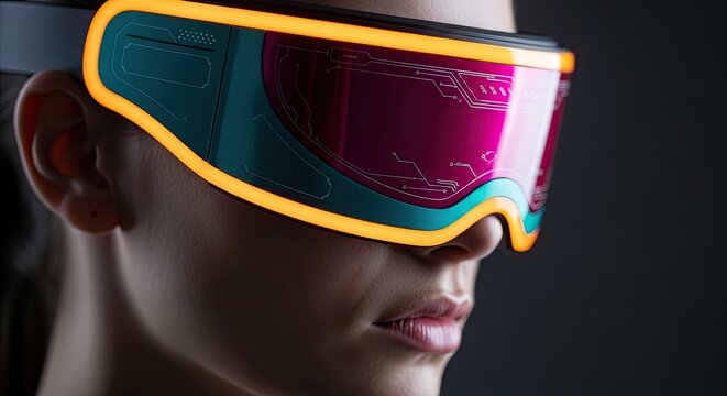 A young woman wearing high tech augmented reality eyewear with glowing light emitting diode rims and complex digital interface patterns reflecting on the visor representing advanced future