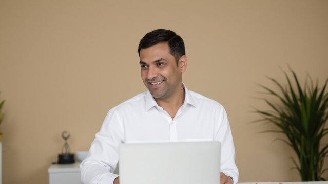 Happy indian guy laughing at work, looking into camera with white teeth showing joy and confidence.