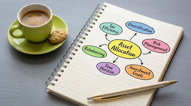 A creative financial planning scene featuring a notebook with asset allocation mind map coffee and biscuit on a neutral background. Perfect for business finance investment and education content.