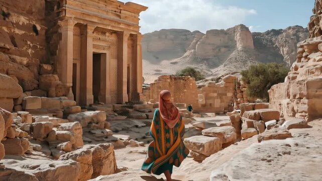 Rear view of a woman wearing a colorful poncho and headscarf walking through the ancient ruins of Petra in Jordan, exploring the historical archeological site on a sunny day