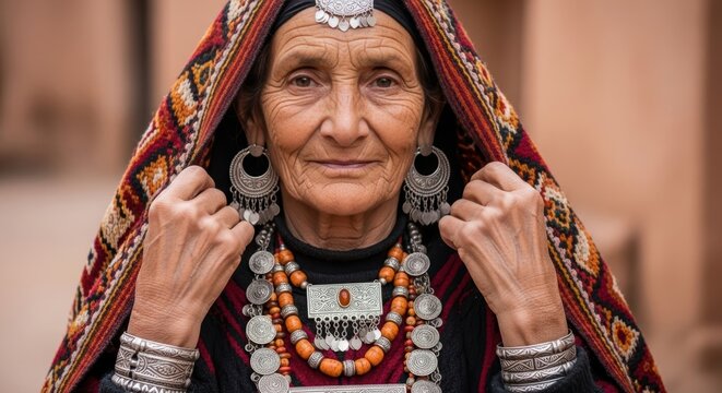 Elderly Amazigh woman, Maghreb North Africa, tender and wise, traditional mantle with Berber jewelry, close-up portrait