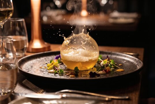 Molecular Gastronomy Liquid Sphere Bursting with Splash and Steam Edible Flowers Fine Dining Restaurant