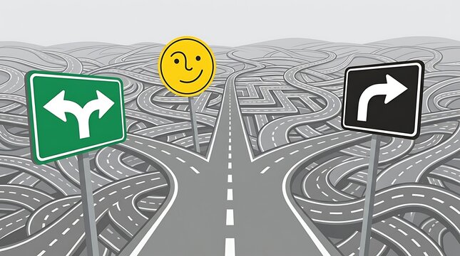 A creative illustration of two road signs directing left and right paths featuring a smiling sun symbolizing decision making and choices. Ideal for business marketing and motivational content.
